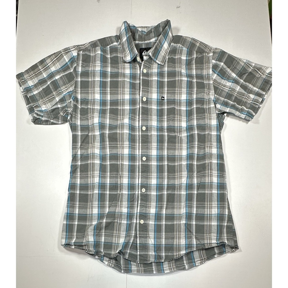Quicksilver Men's Short Sleeve Button Up Plan Shirt Large Blue Gray Y2K Surf